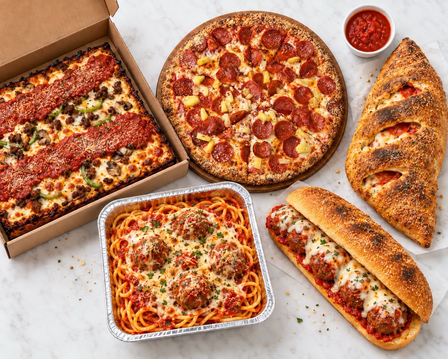Aeros pizza spread with Detroit pizza, round pizza, pasta, calzone, and sub