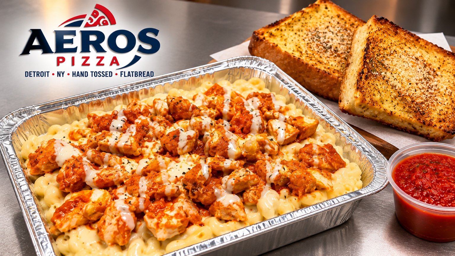 Aeros chicken mac bowl with garlic bread